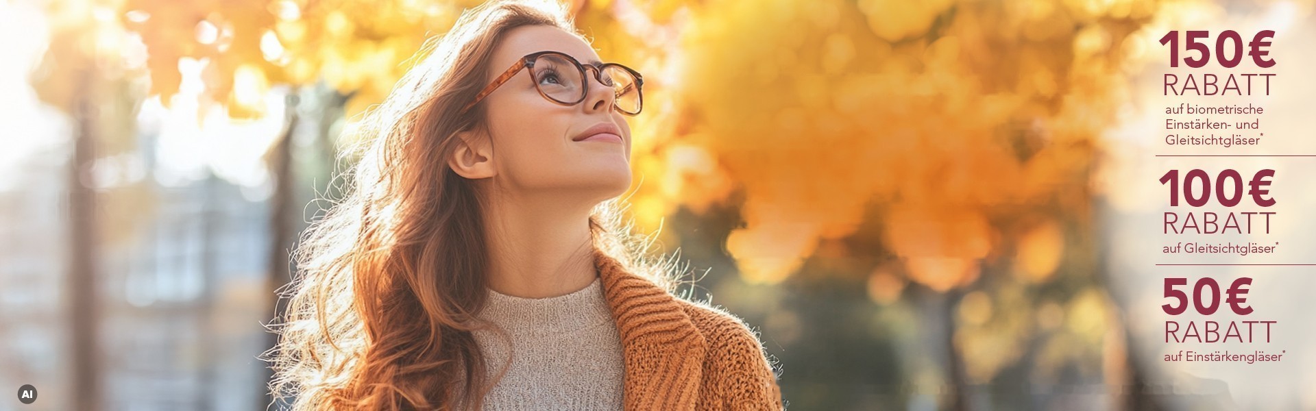 Frau mit Brille im Herbstlicht – bis zu 150 € Rabatt auf Brillengläser